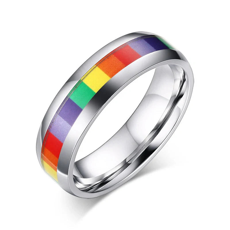 Stylish Pride Rainbow Titanium Steel Unisex Ring with vibrant color design and geometric pattern