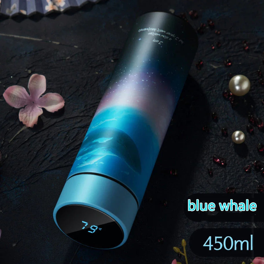 Premium stainless steel vacuum flask with LED touch display for temperature monitoring, available in various colors and sizes