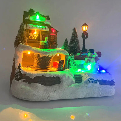 Glowing Christmas village decoration with rotating Snowman, Santa, and children, surrounded by colorful lights and playing festive music