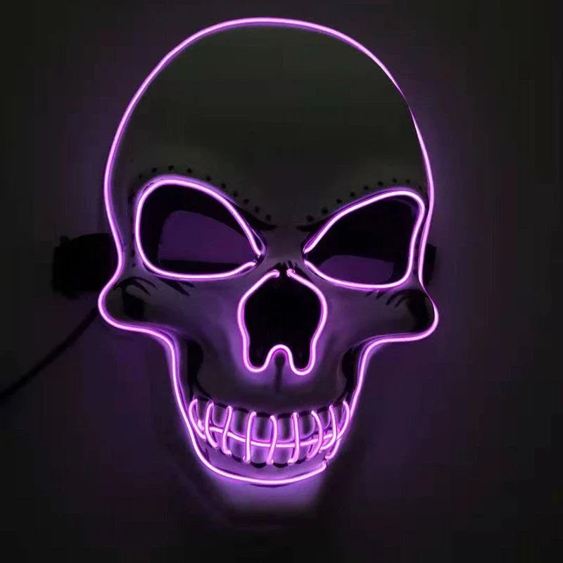 A glowing skull-shaped Halloween mask with adjustable straps and three lighting modes: constant, slow flash, and rapid pulse