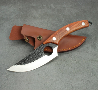 Forged stainless steel boning knife with ergonomic handle and leather sheath