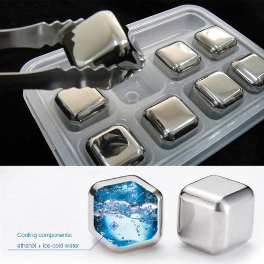 Premium stainless steel whisky chilling stones set in various shapes and sizes, including square, circular, heart, and diamond-shaped stones