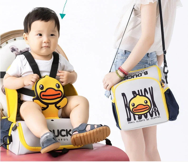 Multifunctional baby bag with portable child dining chair in yellow, perfect for parents travelling with babies