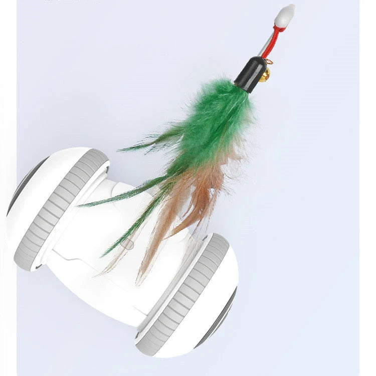 Interactive robotic cat toy with interchangeable feather and plush chick heads