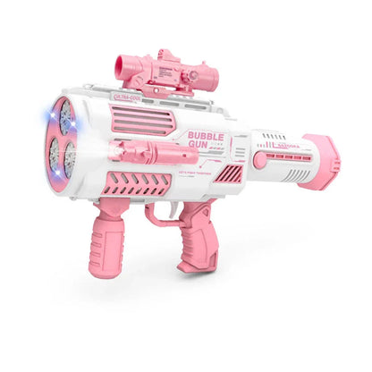 Automatic bubble blaster toy with rocket-shaped design, producing a cloud of colorful bubbles