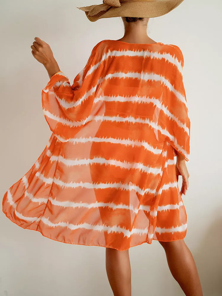 Women's orange nylon chiffon three-piece swimsuit with chest cushion