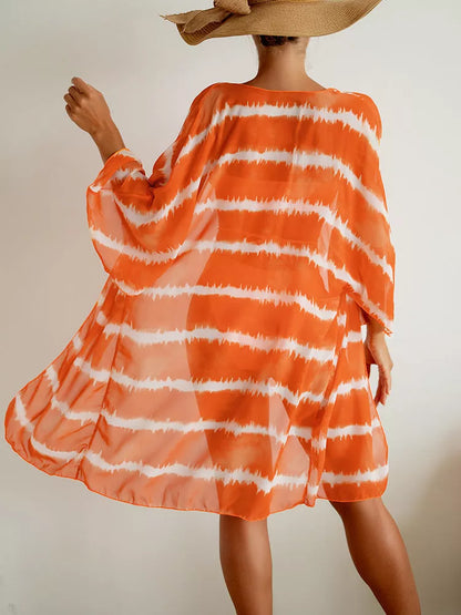 Women's orange nylon chiffon three-piece swimsuit with chest cushion