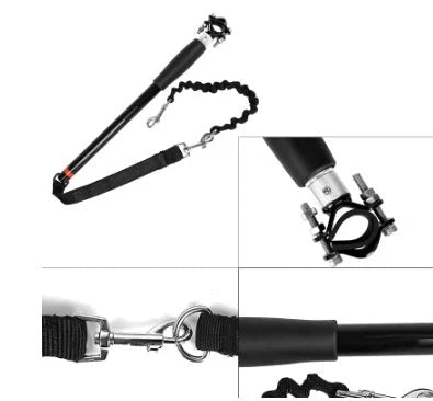 Bicycle walking dog leash with stainless steel rod and rubber band, black color, 45cm by 78cm