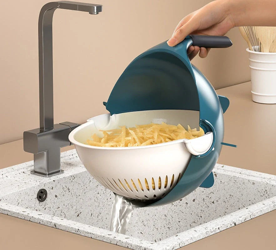 A premium 9-in-1 vegetable drainage basket with a unique drainage system and interchangeable blades for efficient meal preparation