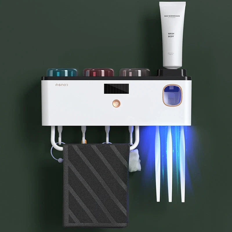 Multifunctional UV Germicidal Toothbrush Rack with magnetic cup and toothpaste squeezers