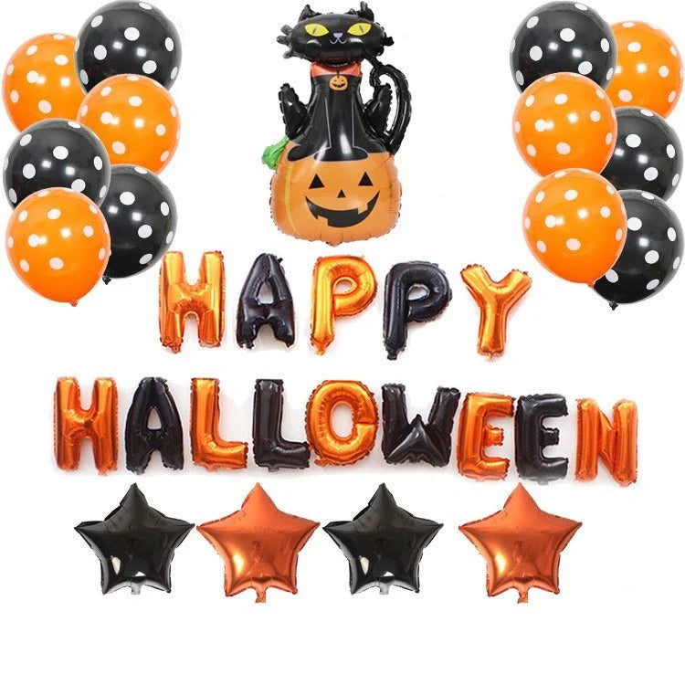 Spooky Halloween balloon decorations featuring pumpkins and bats in various styles