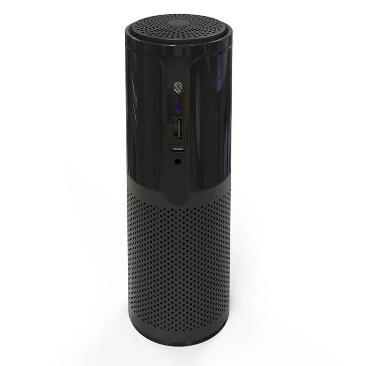 Compact car air purifier with HEPA technology in black, navy blue, rose gold, and dark grey