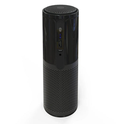Compact car air purifier with HEPA technology in black, navy blue, rose gold, and dark grey
