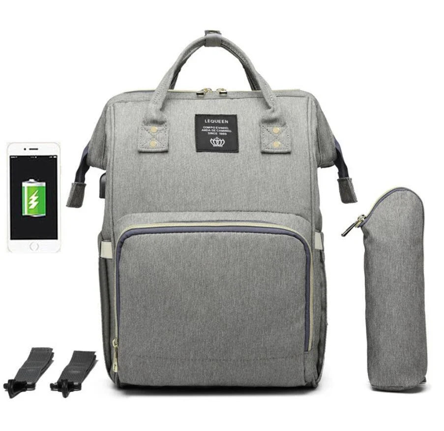 Premium mummy backpack in a range of stylish colours, featuring dedicated compartments for bottles, nappies and personal items.