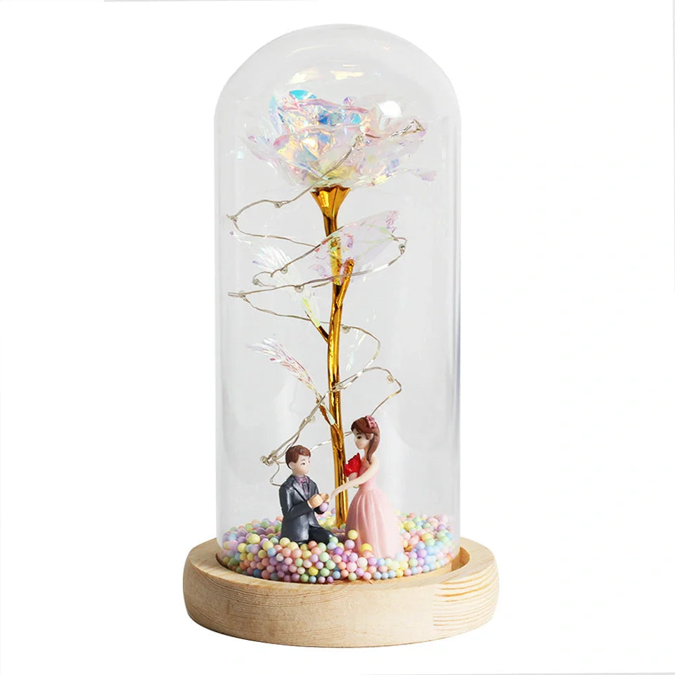 Enchanted Forever Rose in Glass LED Light decoration with realistic rose and wooden base