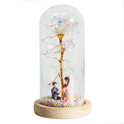 Enchanted Forever Rose in Glass LED Light decoration with realistic rose and wooden base