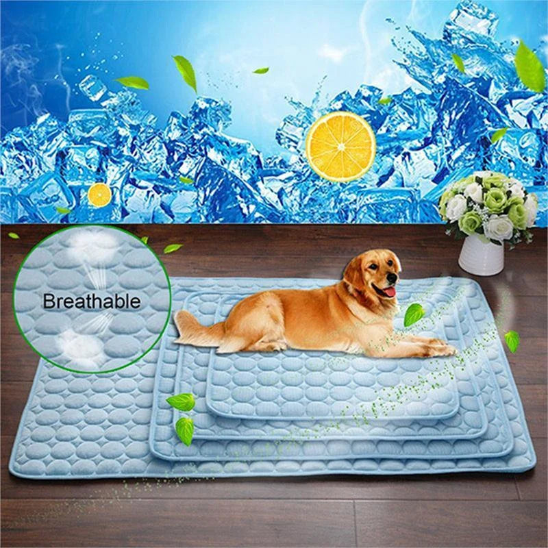Premium pet cooling pad made with cold silk and breathable mesh to keep your furry friend comfortable in the summer heat