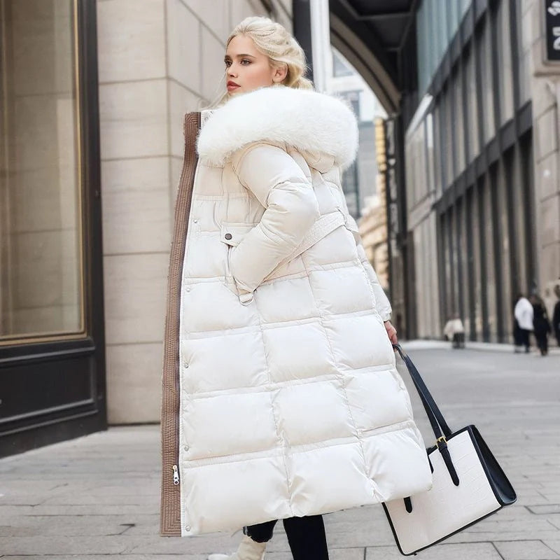 Stylish women's winter coat with fur hood and belt in various colours