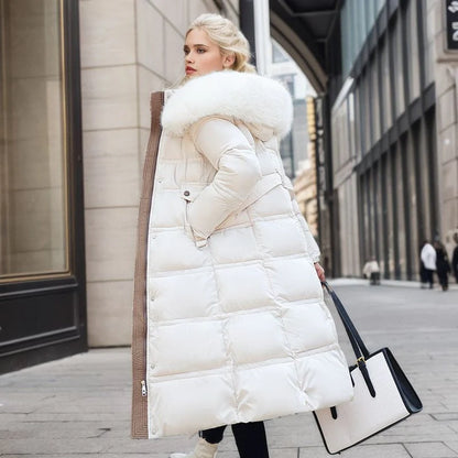 Stylish women's winter coat with fur hood and belt in various colours