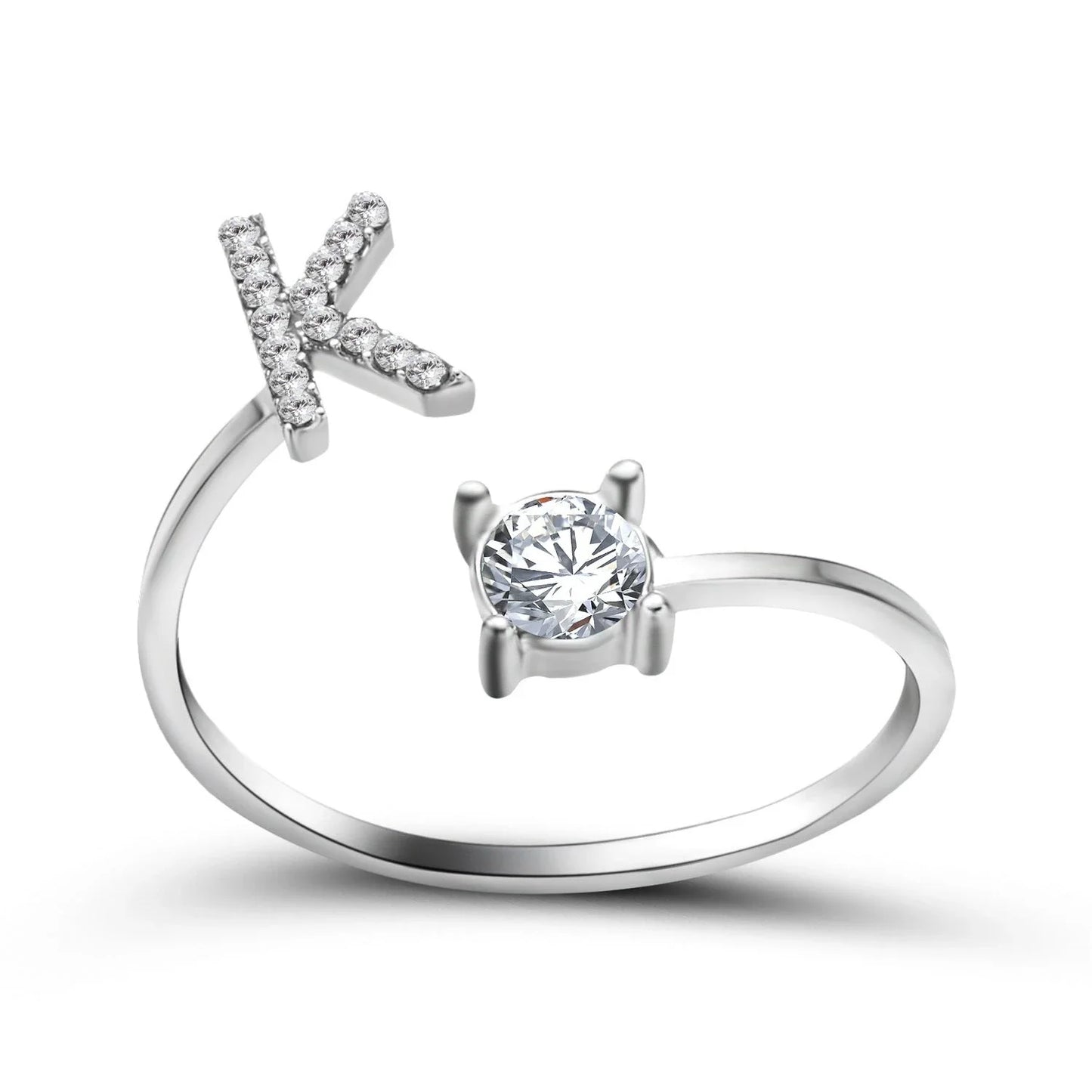 Customizable adjustable ring with 26 letters for women, featuring zircon stones and copper alloy construction