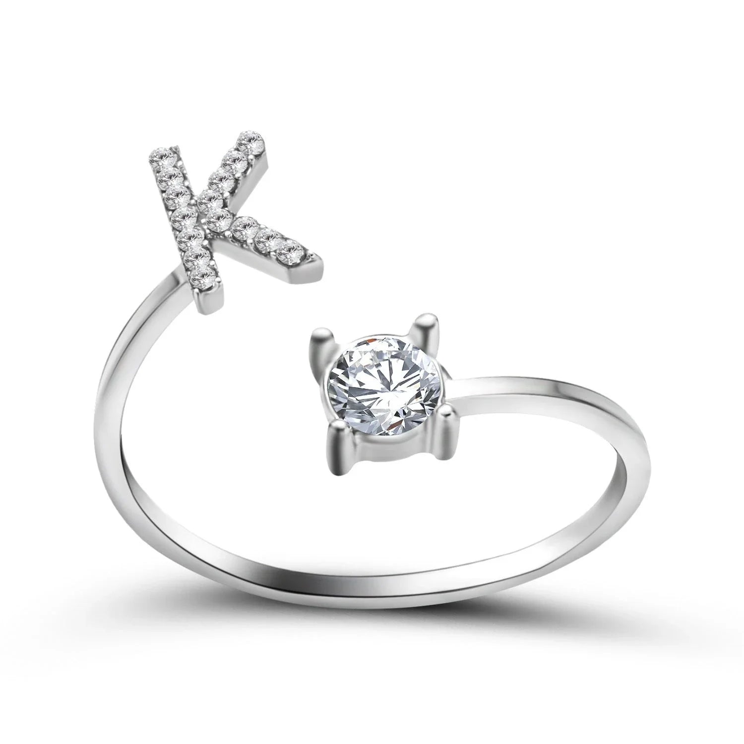 Customizable adjustable ring with 26 letters for women, featuring zircon stones and copper alloy construction