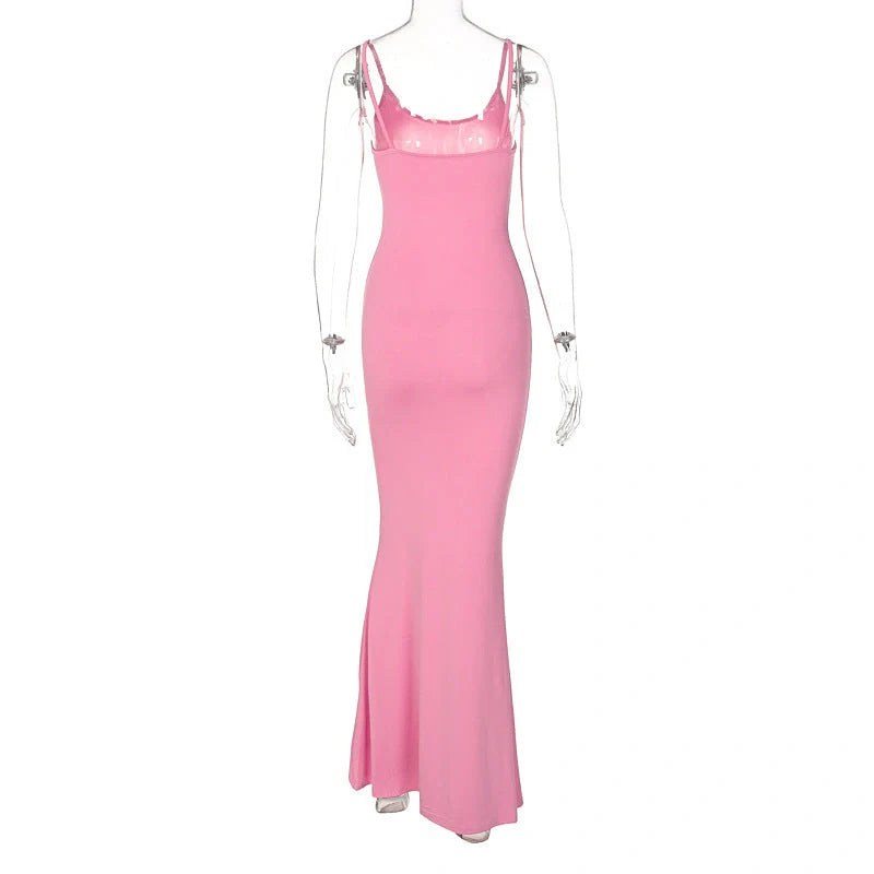 Women's spaghetti strap long dress in pink, gray, black, and blue with high waist design