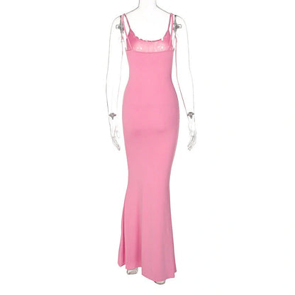 Women's spaghetti strap long dress in pink, gray, black, and blue with high waist design