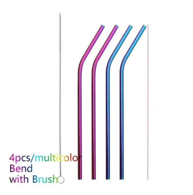 Vibrant reusable stainless steel straws set with cleaning brush, eco-friendly alternative to plastic
