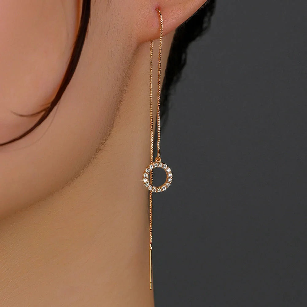 Gold Circle Long Tassel Ear Wire with sparkling zircon accents, perfect for any occasion