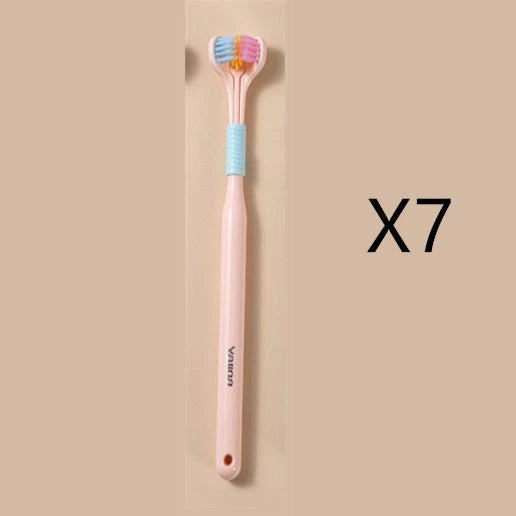 Soft bristle toothbrush with 3-sided brush head for thorough dental cleaning