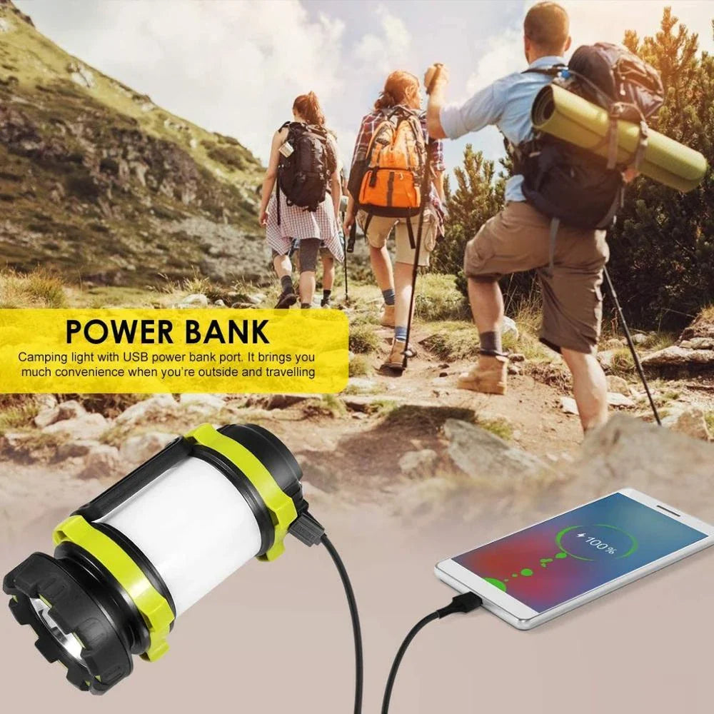 Versatile outdoor camping torch with rechargeable battery, dual lighting modes, and integrated power bank