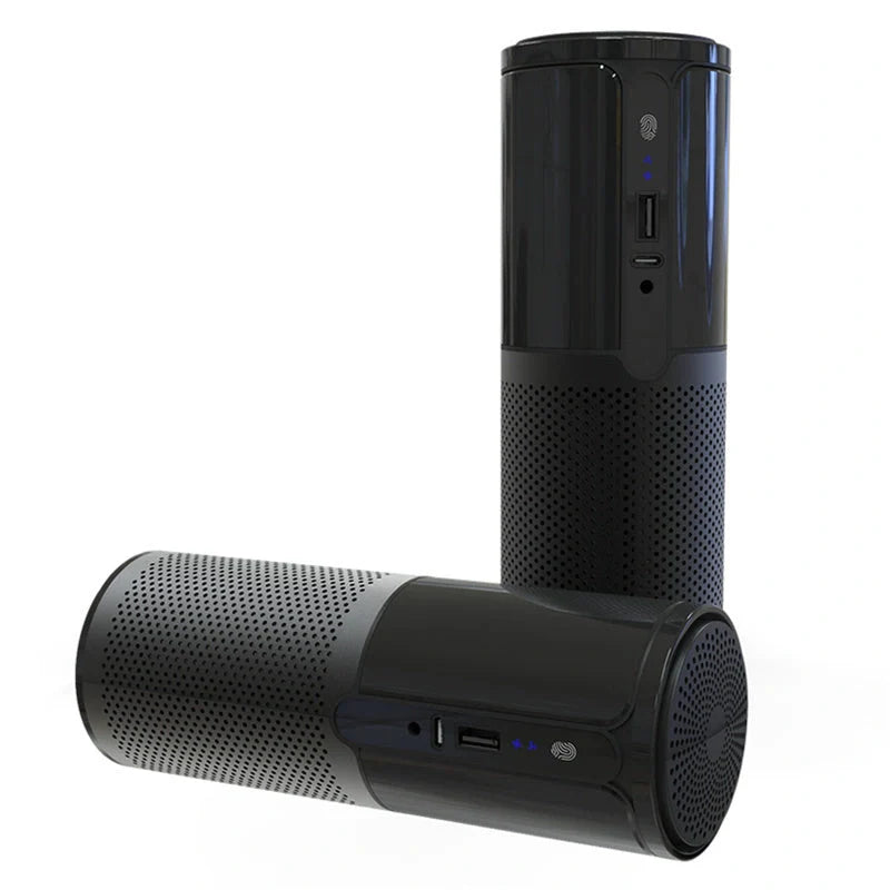 Compact car air purifier with HEPA technology in black, navy blue, rose gold, and dark grey