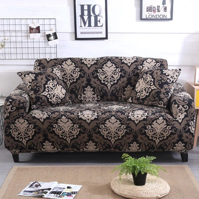 Stretchable geometric print sofa cover on a three-seater sofa