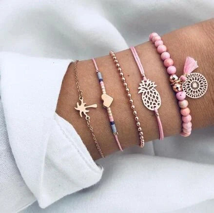 Bead Chain Bracelet Set featuring star and moon design in alloy material