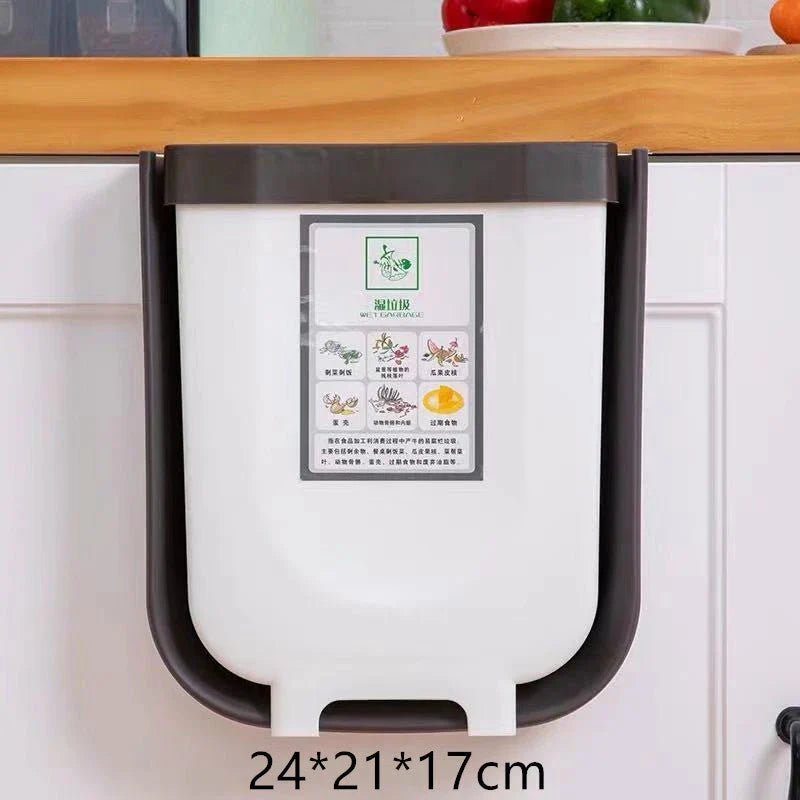 Foldable wall-mounted bin in brown and white colours, with a spacious 9-litre capacity and a sleek, space-saving design