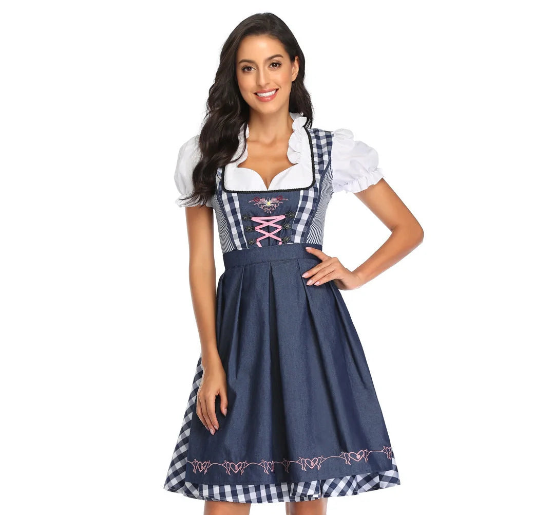 Traditional Oktoberfest ethnic dress for women in vibrant red denim with apron and ribbon