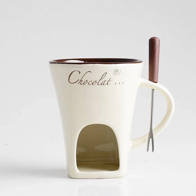 Ceramic fondue set with individual pots for making chocolate, cheese or ice cream fondues at home