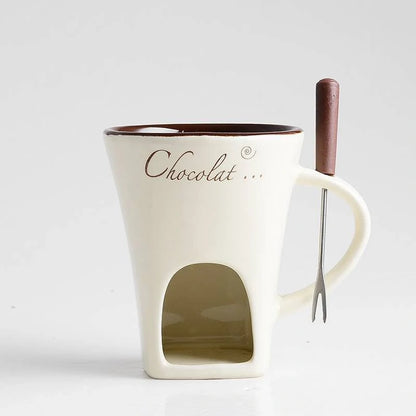 Ceramic fondue set with individual pots for making chocolate, cheese or ice cream fondues at home