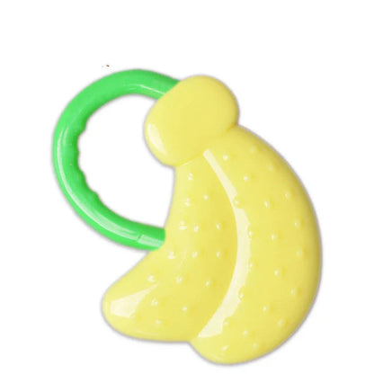Soft silicone fruit-shaped teething toy for infants and toddlers to soothe sore gums during the teething process
