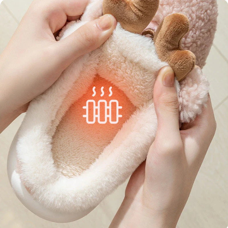Cozy elk-themed slippers in a variety of festive colors, featuring a plush suede upper and supportive EVA sole for maximum comfort and warmth.