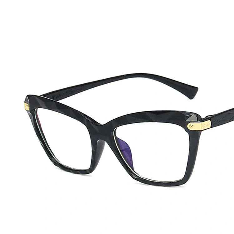 Women's anti-blue light cat eye glasses in transparent pink, bright black, transparent grey, and transparent tea