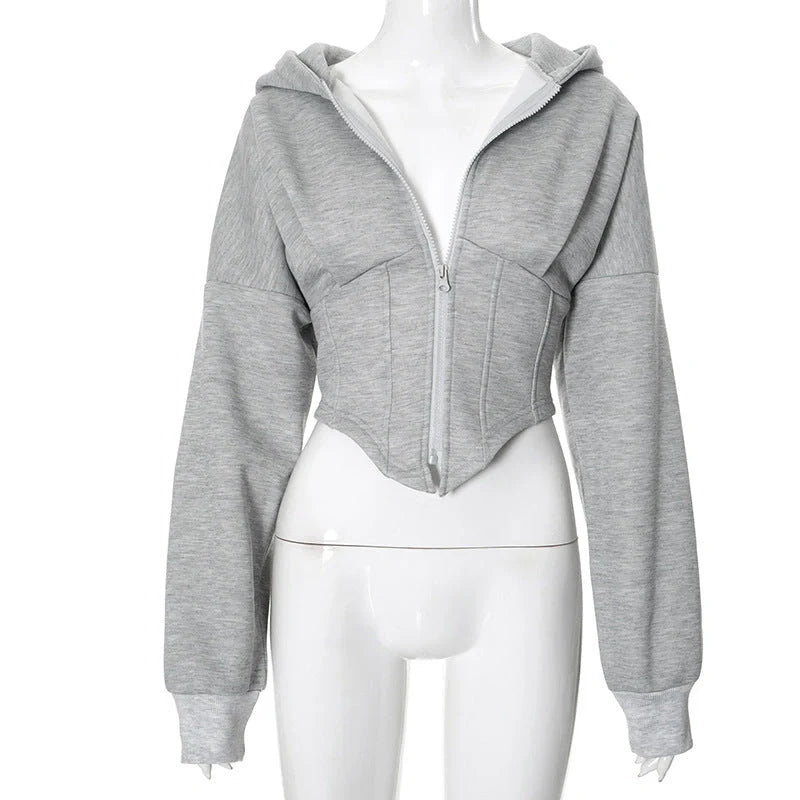 Slim-fit zipper hoodie cardigan for women in grey and white