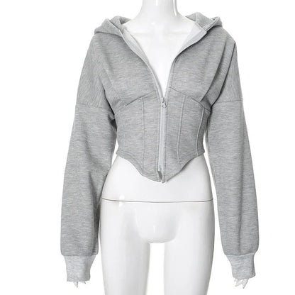Slim-fit zipper hoodie cardigan for women in grey and white