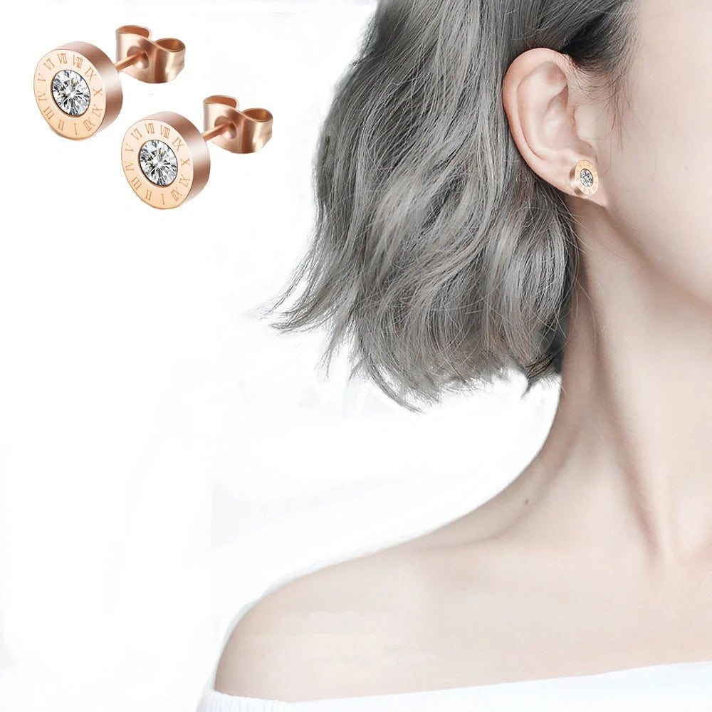 Elegant titanium steel earrings with Roman numeral design and diamond studs