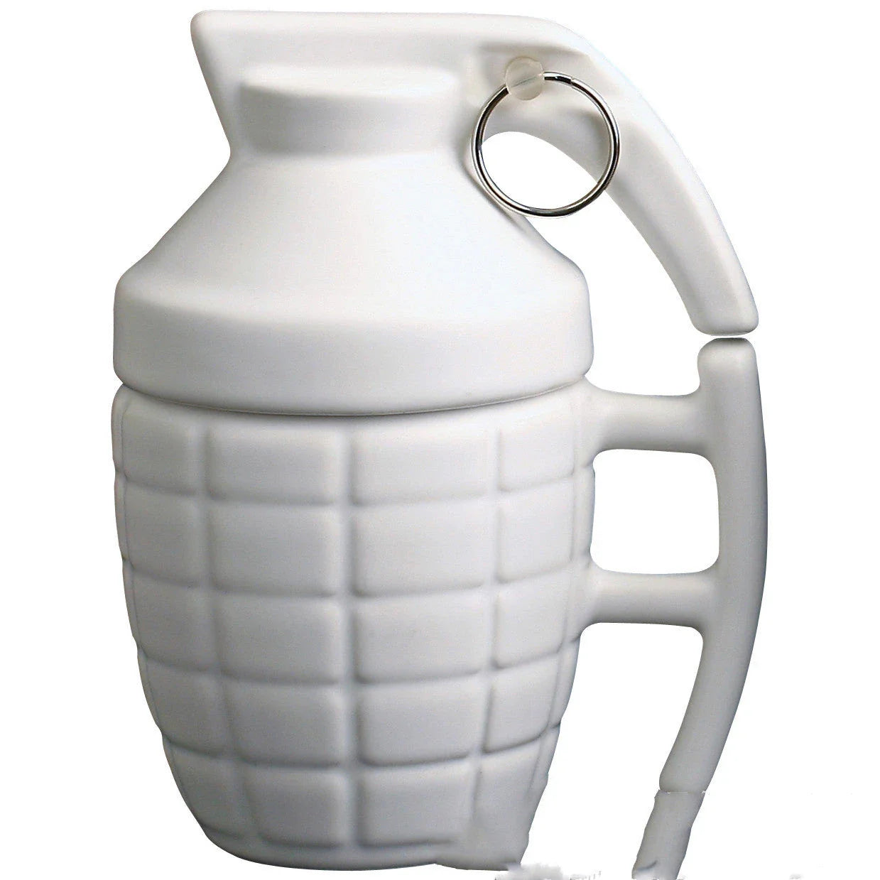Grenade-shaped ceramic travel mug with secure lid, designed with a military-inspired style for use at home, work, or on the go