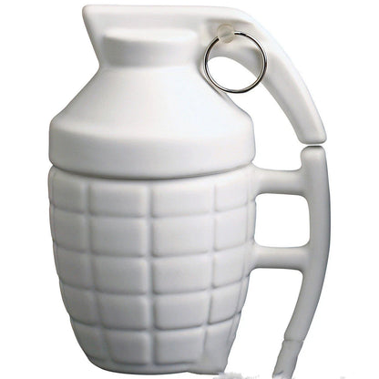 Grenade-shaped ceramic travel mug with secure lid, designed with a military-inspired style for use at home, work, or on the go