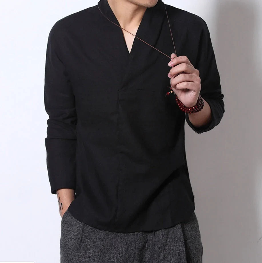 Stylish men's long-sleeved linen shirt with Mandarin collar in a range of sophisticated colours