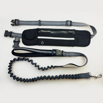 Premium hands-free dog running leash with waterproof waist bag, reflective stitching, and shock-absorbing bungee for safe and comfortable outdoor adventures.