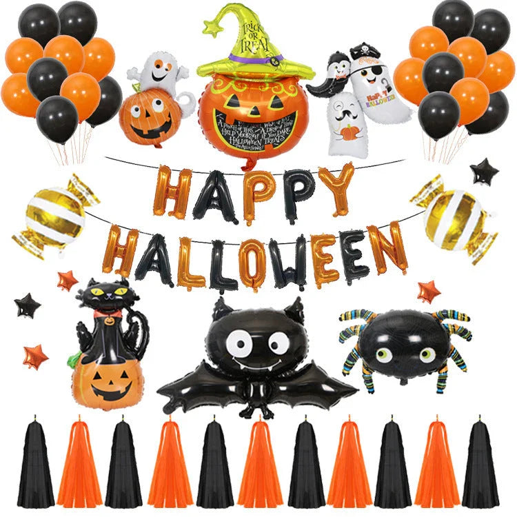 Spooky Halloween balloon decorations featuring pumpkins and bats in various styles