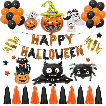 Spooky Halloween balloon decorations featuring pumpkins and bats in various styles